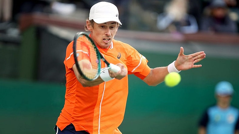 Alex de Minaur returns to Alexander Zverev during their fourth-round match at the BNP Paribas Open in Indian Wells, Calif., on Tues., March 12, 2024. Zverev won.