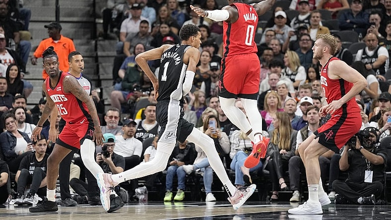 Mar 12, 2024; San Antonio, Texas, USA; San Antonio Spurs forward Victor Wembanyama (1) drives to the basket during the first half against the Houston Rockets at Frost Bank Center. Mandatory Credit: Scott Wachter-USA TODAY Sports