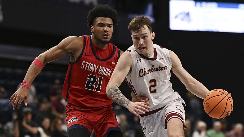 Mar 12, 2024; Washington, D.C., USA; General game action during the second half and over time of the Coastal Conference Tournament finals between the College of Charleston Cougars and the Stony Brook Seawolves at Entertainment and Sports Arena. Mandatory Credit: Tommy Gilligan-USA TODAY Sports