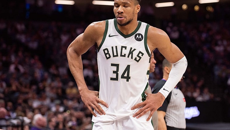Mar 12, 2024; Sacramento, California, USA; Milwaukee Bucks forward Giannis Antetokounmpo (34) reacts to a call during the second quarter at Golden 1 Center. Mandatory Credit: Ed Szczepanski-USA TODAY Sports