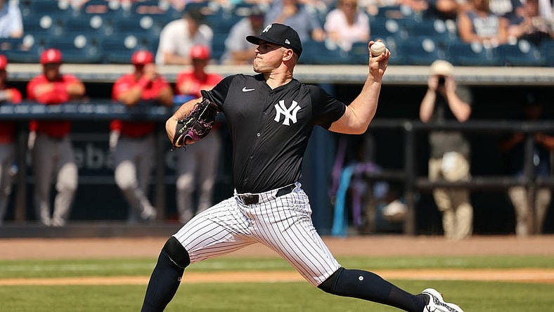 Mar 13, 2024; Tampa, Florida, USA; New York Yankees starting pitcher Carlos Rodon (55) throws a pitch during the first inning Boston Red Sox at George M. Steinbrenner Field. Mandatory Credit: Kim Klement Neitzel-USA TODAY Sports