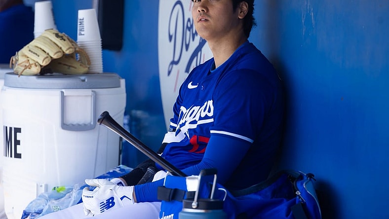 Mar 13, 2024; Phoenix, Arizona, USA; Los Angeles Dodgers designated hitter Shohei Ohtani against the Seattle Mariners during a spring training game at Camelback Ranch-Glendale. Mandatory Credit: Mark J. Rebilas-USA TODAY Sports