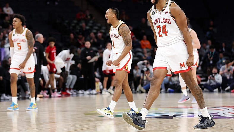 Mar 13, 2024; Minneapolis, MN, USA; Maryland Terrapins forward Donta Scott (24) celebrates his shot against the Rutgers Scarlet Knights during the first half at Target Center. Mandatory Credit: Matt Krohn-USA TODAY Sports