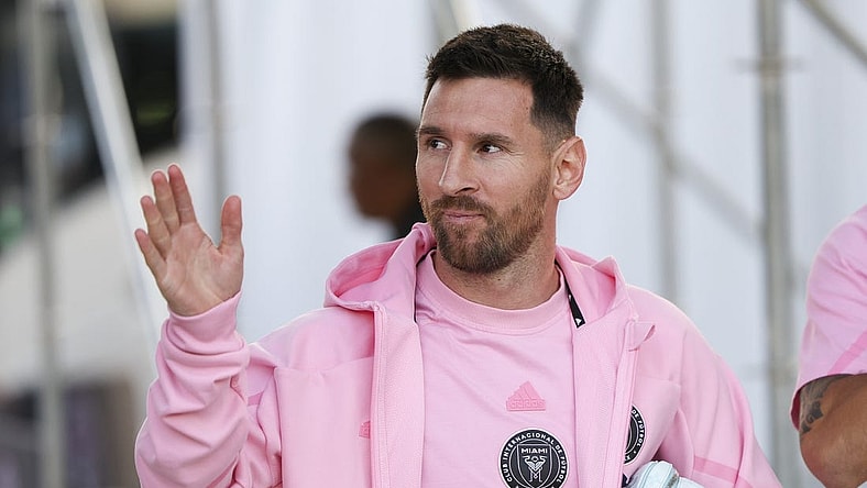 Mar 13, 2024; Fort Lauderdale, FL, USA;  Inter Miami CF forward Lionel Messi (10) arrives for a Concacaf round of sixteen match against Nashville SC at Chase Stadium. Mandatory Credit: Nathan Ray Seebeck-USA TODAY Sports