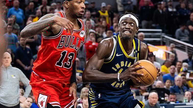 Mar 13, 2024; Indianapolis, Indiana, USA; Indiana Pacers forward Pascal Siakam (43) shoots the ball while Chicago Bulls forward Torrey Craig (13) defends in the second half at Gainbridge Fieldhouse. Mandatory Credit: Trevor Ruszkowski-USA TODAY Sports