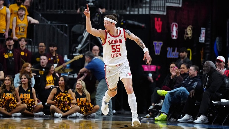 Mar 13, 2024; Las Vegas, NV, USA; Utah Utes guard Gabe Madsen (55) celebrates against the Arizona State Sun Devils in the first half at T-Mobile Arena. Mandatory Credit: Kirby Lee-USA TODAY Sports
