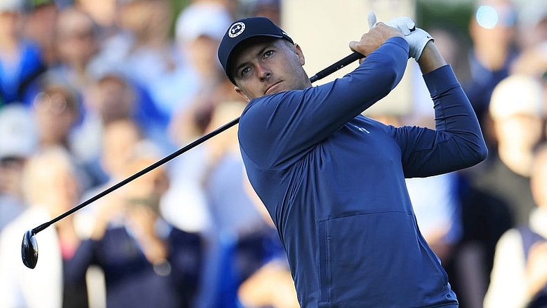 Jordan Spieth plays his shot from the tenth tee during the first round of The Players Championship PGA golf tournament Thursday, March 14, 2024 at TPC Sawgrass in Ponte Vedra Beach, Fla.