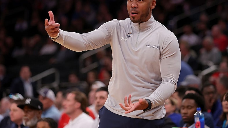 Mar 14, 2024; New York City, NY, USA; Seton Hall Pirates head coach Shaheen Holloway coaches against the St. John's Red Storm during the first half at Madison Square Garden. Mandatory Credit: Brad Penner-USA TODAY Sports
