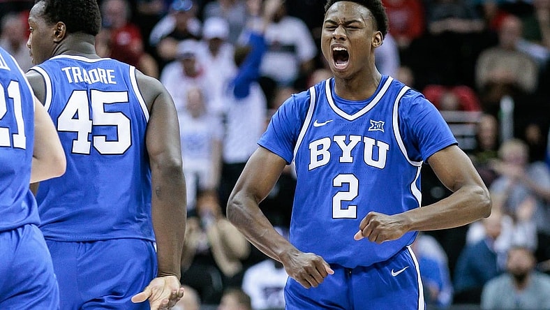 Mar 14, 2024; Kansas City, MO, USA; Brigham Young Cougars guard Jaxson Robinson (2) reacts to a play during the second half against the Texas Tech Red Raiders at T-Mobile Center. Mandatory Credit: William Purnell-USA TODAY Sports