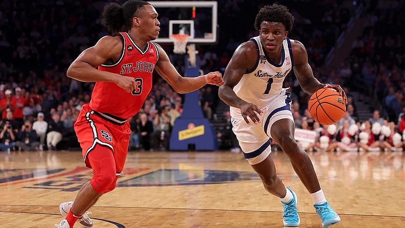 Mar 14, 2024; New York City, NY, USA; Seton Hall Pirates guard Kadary Richmond (1) drives to the basket against St. John's Red Storm guard Jordan Dingle (3) during the second half at Madison Square Garden. Mandatory Credit: Brad Penner-USA TODAY Sports
