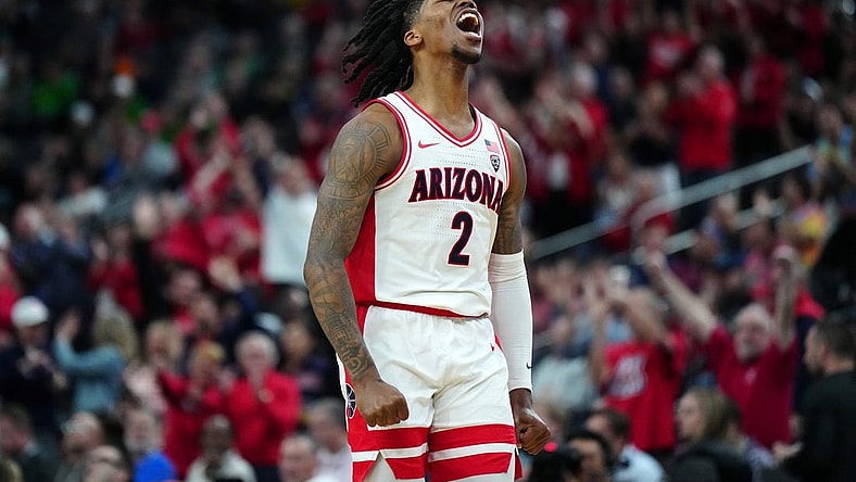 Mar 14, 2024; Las Vegas, NV, USA; Arizona Wildcats guard Caleb Love (2) celebrates against the Southern California Trojans in the second half at T-Mobile Arena. Mandatory Credit: Kirby Lee-USA TODAY Sports