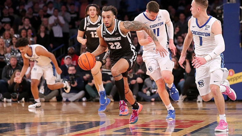 Mar 14, 2024; New York City, NY, USA; Providence Friars guard Devin Carter (22) brings the ball up court against Creighton Bluejays center Ryan Kalkbrenner (11) and guard Steven Ashworth (1) during the first half at Madison Square Garden. Mandatory Credit: Brad Penner-USA TODAY Sports