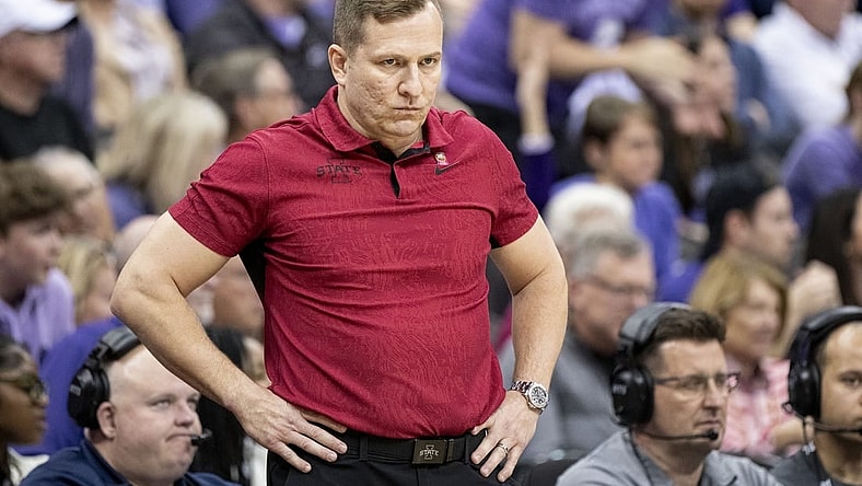 Mar 14, 2024; Kansas City, MO, USA; Iowa State Cyclones head coach TJ Otzelberger looks on during the first half against the Kansas State Wildcats at T-Mobile Center. Mandatory Credit: Amy Kontras-USA TODAY Sports