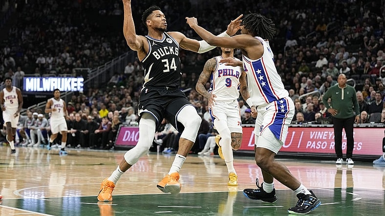 Mar 14, 2024; Milwaukee, Wisconsin, USA;  Milwaukee Bucks forward Giannis Antetokounmpo (34) drives for the basket during the first quarter against the Philadelphia 76ers at Fiserv Forum. Mandatory Credit: Jeff Hanisch-USA TODAY Sports