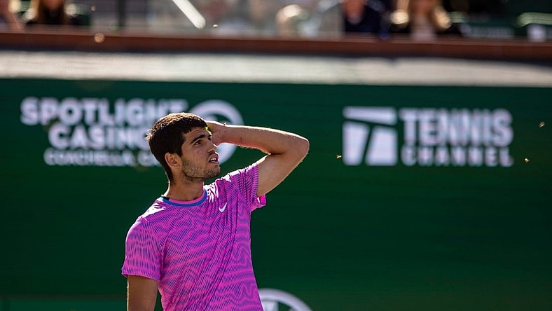 Carlos Alcaraz looks up to see a swarm of bees during his quarterfinal match against Alexander Zverev at BNP Paribas Open in Indian Wells, Calif., Thursday, March 14, 2024.
