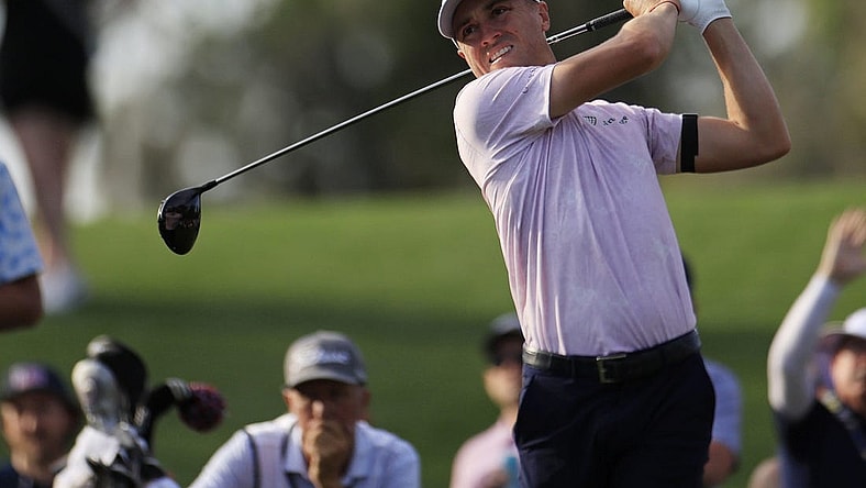 Justin Thomas plays his shot from the 16th tee during the first round of The Players Championship PGA golf tournament Thursday, March 14, 2024 at TPC Sawgrass in Ponte Vedra Beach, Fla.