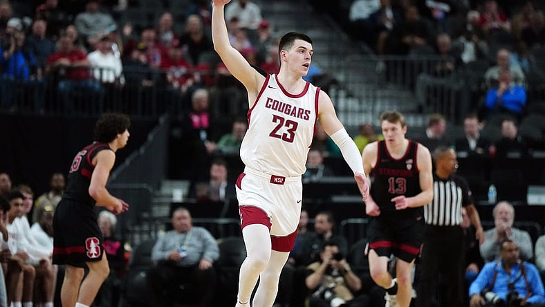 Mar 14, 2024; Las Vegas, NV, USA; Washington State Cougars forward Andrej Jakimovski (23) celebrates after a three-point basket against the Stanford Cardinal in the first half att T-Mobile Arena. Mandatory Credit: Kirby Lee-USA TODAY Sports