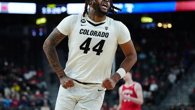 Mar 14, 2024; Las Vegas, NV, USA; Colorado Buffaloes center Eddie Lampkin Jr. (44) celebrates in the first half against the Utah Utes at T-Mobile Arena. Mandatory Credit: Kirby Lee-USA TODAY Sports