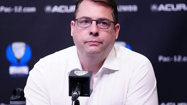 Mar 14, 2024; Las Vegas, NV, USA; Stanford Cardinal head coach Jerod Haase reacts at press conference after the game against the Washington State Cougars at T-Mobile Arena. Mandatory Credit: Kirby Lee-USA TODAY Sports