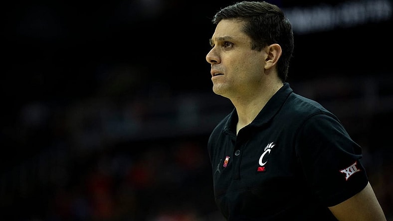 Cincinnati Bearcats head coach Wes Miller looks on in the second half of the Big 12 Conference tournament game between Cincinnati Bearcats and Baylor Bears at T-Mobile Center in Kansas City, Mo., on Thursday, March 14, 2024.