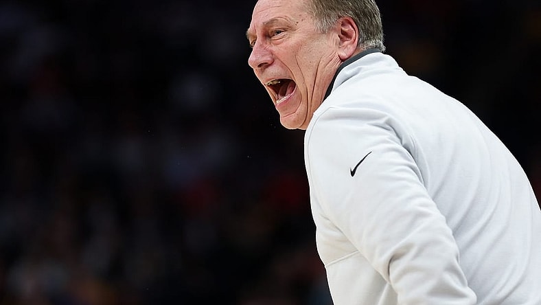 Mar 15, 2024; Minneapolis, MN, USA; Michigan State Spartans head coach Tom Izzo reacts during the second half against the Purdue Boilermakers at Target Center. Mandatory Credit: Matt Krohn-USA TODAY Sports