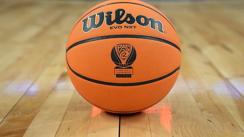 Mar 15, 2024; Las Vegas, NV, USA; A NCAA Wilson evo NXT official game basketball with the Pac-12 Conference logo at T-Mobile Arena. Mandatory Credit: Kirby Lee-USA TODAY Sports