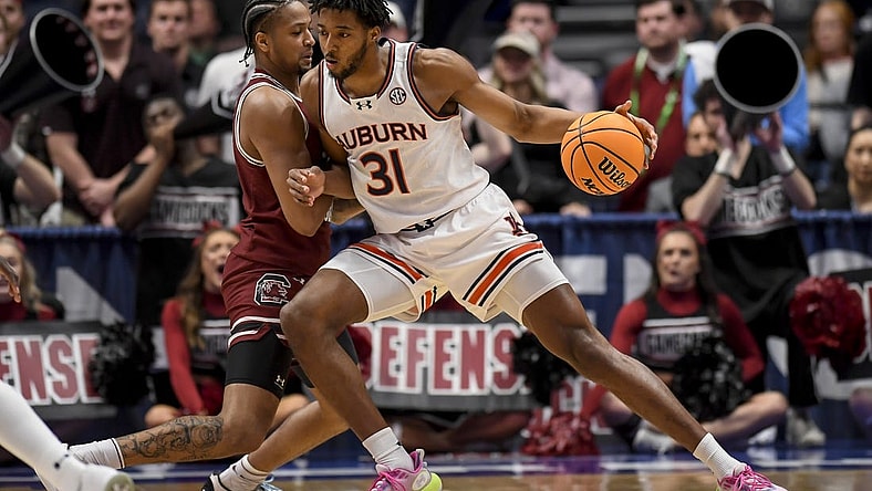 Mar 15, 2024; Nashville, TN, USA; Auburn Tigers guard Chaney Johnson (31) backs down South Carolina Gamecocks forward Josh Gray (33) during the first half at Bridgestone Arena. Mandatory Credit: Steve Roberts-USA TODAY Sports