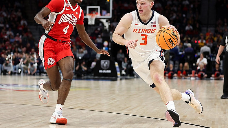 Mar 15, 2024; Minneapolis, MN, USA; Illinois Fighting Illini forward Marcus Domask (3) works around Ohio State Buckeyes guard Dale Bonner (4) during the first half at Target Center. Mandatory Credit: Matt Krohn-USA TODAY Sports