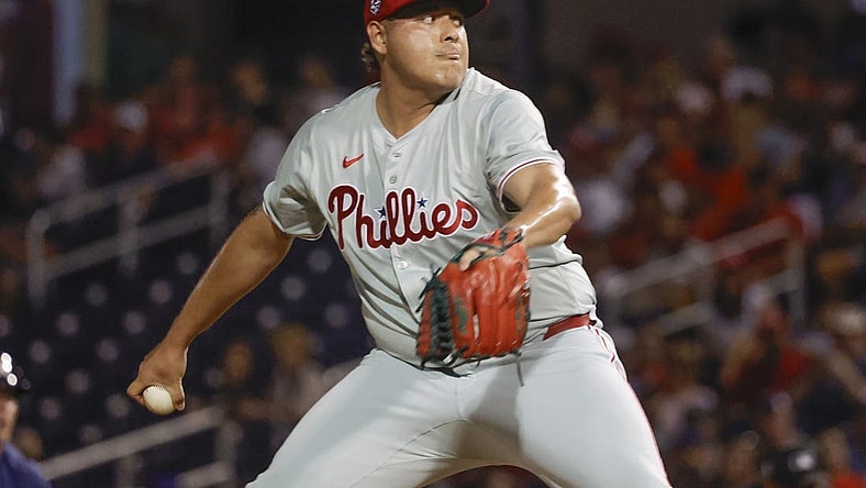 Mar 15, 2024; West Palm Beach, Florida, USA; Philadelphia Phillies relief pitcher Luis Ortiz (56) throws a pitch during the seventh inning against the Houston Astros at The Ballpark of the Palm Beaches. Mandatory Credit: Reinhold Matay-USA TODAY Sports
