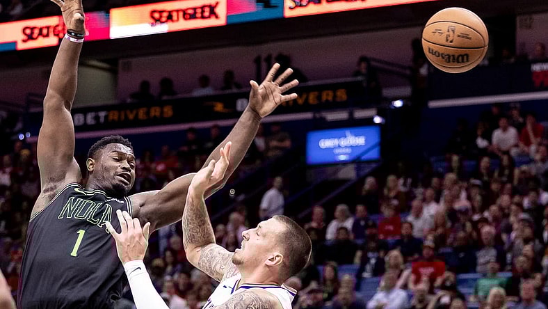 Mar 15, 2024; New Orleans, Louisiana, USA;  New Orleans Pelicans forward Zion Williamson (1) is fouled by LA Clippers center Daniel Theis (10) during the first half at Smoothie King Center. Mandatory Credit: Stephen Lew-USA TODAY Sports
