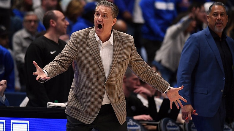 Mar 15, 2024; Nashville, TN, USA; Kentucky Wildcats head coach John Calipari reacts on the sideline during the second half against the Texas A&M Aggies at Bridgestone Arena. Mandatory Credit: Christopher Hanewinckel-USA TODAY Sports