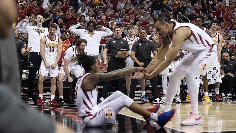 Mar 15, 2024; Kansas City, MO, USA; The Iowa State Cyclones bench celebrates a made basket against the Baylor Bears in the second half at T-Mobile Center. Mandatory Credit: Amy Kontras-USA TODAY Sports