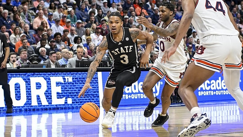 Mar 16, 2024; Nashville, TN, USA;  Mississippi State Bulldogs guard Shakeel Moore (3) controls the ball against the Auburn Tigers during the first half at Bridgestone Arena. Mandatory Credit: Steve Roberts-USA TODAY Sports