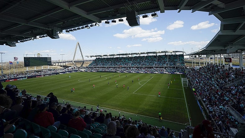 Mar 16, 2024; Kansas City, Missouri, USA; A general view of the pitch between the Portland Thorns FC and Kansas City Current in the second half at CPKC Stadium. Mandatory Credit: Jay Biggerstaff-USA TODAY Sports