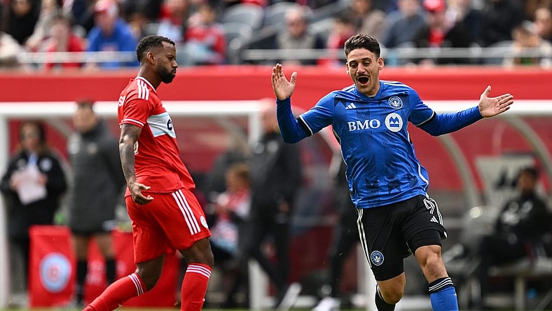 Mar 16, 2024; Chicago, Illinois, USA; CF Montreal forward Matias Coccaro (9) reacts during a play against Chicago Fire FC during the first half at Soldier Field. Mandatory Credit: Jamie Sabau-USA TODAY Sports