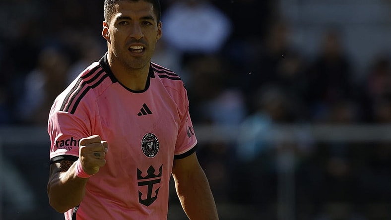Mar 16, 2024; Washington, District of Columbia, USA; Inter Miami CF forward Luis Suarez (9) celebrates scoring a goal against D.C. United during the second half at Audi Field. Mandatory Credit: Geoff Burke-USA TODAY Sports