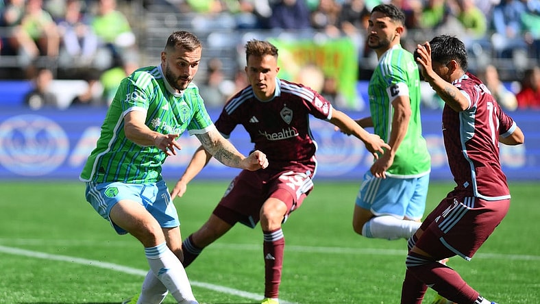 Mar 16, 2024; Seattle, Washington, USA; Seattle Sounders FC forward Jordan Morris (13) controls the ball during the second half against the Colorado Rapids at Lumen Field. Mandatory Credit: Steven Bisig-USA TODAY Sports