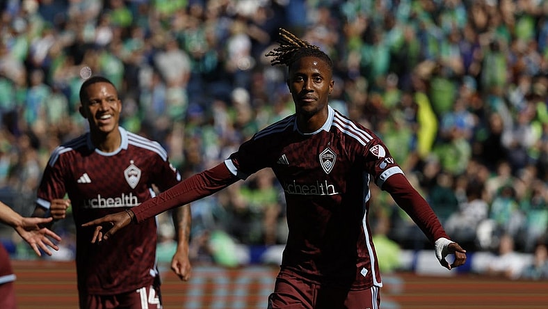 Mar 16, 2024; Seattle, Washington, USA; Colorado Rapids forward Kevin Cabral (91) celebrates scoring against Seattle Sounders FC during the second half against Seattle Sounders FC at Lumen Field. Mandatory Credit: Joe Nicholson-USA TODAY Sports