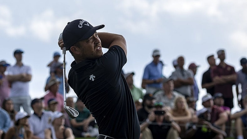 Mar 16, 2024; Ponte Vedra Beach, Florida, USA; Xander Schauffele plays from the 3rd tee during the third round of THE PLAYERS Championship golf tournament. Mandatory Credit: David Yeazell-USA TODAY Sports