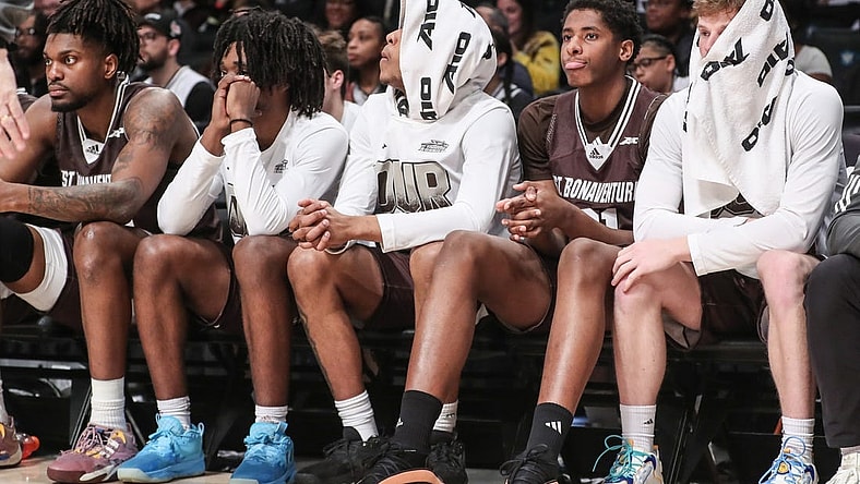 Mar 16, 2024; Brooklyn, NY, USA;  The St. Bonaventure Bonnies bench watches the game in the second half against the Duquesne Dukes at Barclays Center. Mandatory Credit: Wendell Cruz-USA TODAY Sports