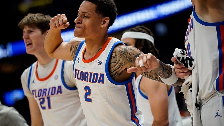 Florida guard Riley Kugel (2) reacts as an basket is scored against Texas A&M during the second half of a SEC tournament semifinal game at Bridgestone Arena in Nashville, Tenn., Saturday, March 16, 2024.