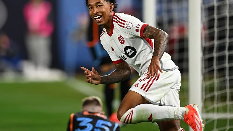Mar 16, 2024; New York, New York, USA; Toronto FC forward Jahkeele Marshall-Rutty (7) celebrates after scoring a goal against New York City FC during the first half at Yankee Stadium. Mandatory Credit: Mark Smith-USA TODAY Sports