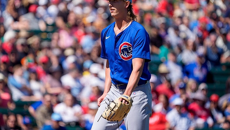 Mar 16, 2024; Tempe, Arizona, USA; Chicago Cubs pitcher Ben Brown (86) on the mound in the first during a spring training game against the Los Angeles Angels at Tempe Diablo Stadium. Mandatory Credit: Allan Henry-USA TODAY Sports