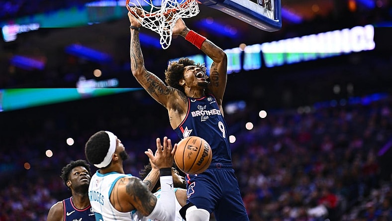 Mar 16, 2024; Philadelphia, Pennsylvania, USA; Philadelphia 76ers guard Kelly Oubre Jr (9) dunks against the Charlotte Hornets in the first quarter at Wells Fargo Center. Mandatory Credit: Kyle Ross-USA TODAY Sports