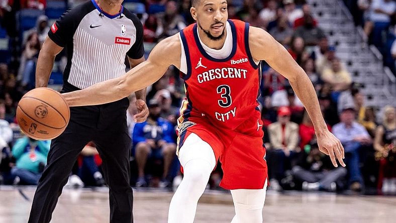 Mar 16, 2024; New Orleans, Louisiana, USA;  New Orleans Pelicans guard CJ McCollum (3) passes the ball against the Portland Trail Blazers during the second half at Smoothie King Center. Mandatory Credit: Stephen Lew-USA TODAY Sports