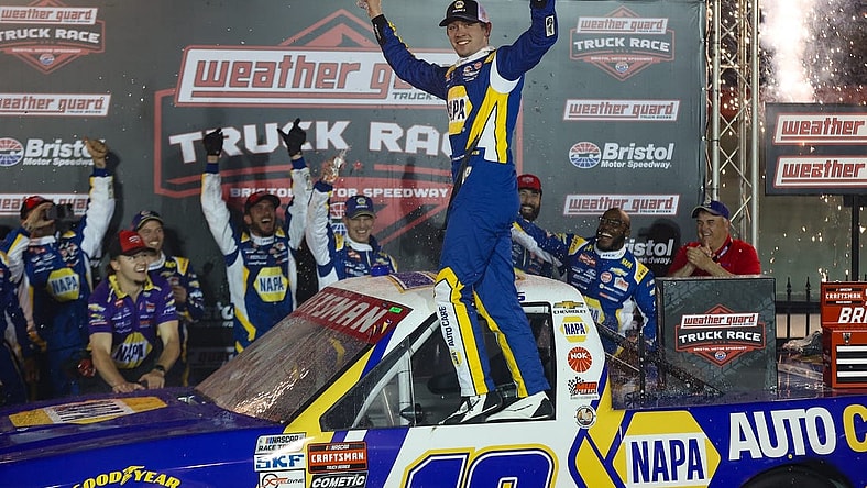 Mar 16, 2024; Bristol, Tennessee, USA; NASCAR Gander RV and Outdoors Truck Series driver Christian Eckes (19) wins the NASCAR Weather Guard truck race at Bristol Motor Speedway. Mandatory Credit: Randy Sartin-USA TODAY Sports