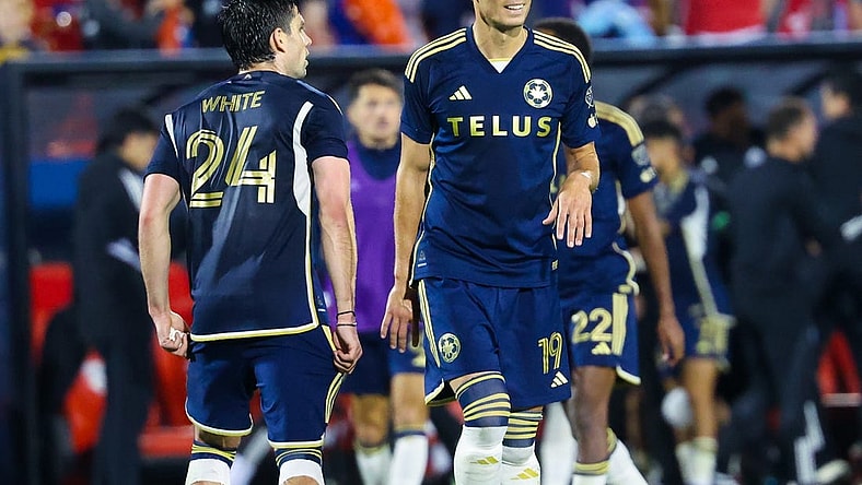 Mar 16, 2024; Frisco, Texas, USA; Vancouver Whitecaps FC forward Brian White (24) celebrates with Vancouver Whitecaps FC midfielder Damir Kreilach (19) after the game against FC Dallas at Toyota Stadium. Mandatory Credit: Kevin Jairaj-USA TODAY Sports