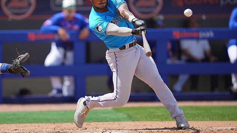 Mar 17, 2024; Port St. Lucie, Florida, USA;  Miami Marlins center fielder Dane Myers (54) hits a home run in the third inning against New York Mets at Clover Park. Mandatory Credit: Jim Rassol-USA TODAY Sports