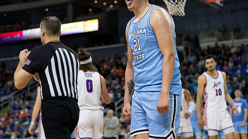 Indiana State's Robbie Avila (21) reacts after being fouled as the University of Evansville Purple Aces play the Indiana State Sycamores at Ford Center in Evansville, Ind., Wednesday, Feb. 28, 2024.