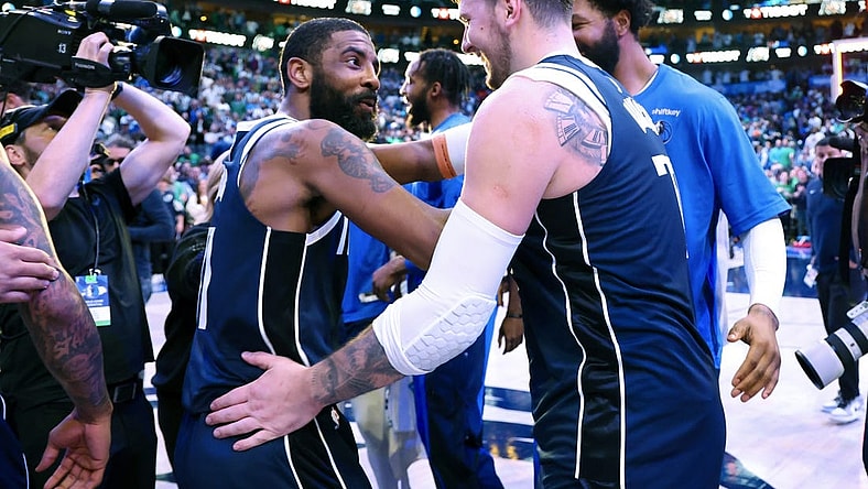 Mar 17, 2024; Dallas, Texas, USA;  Dallas Mavericks guard Kyrie Irving (11) celebrates with Dallas Mavericks guard Luka Doncic (77) after the win against the Denver Nuggets at American Airlines Center. Mandatory Credit: Kevin Jairaj-USA TODAY Sports